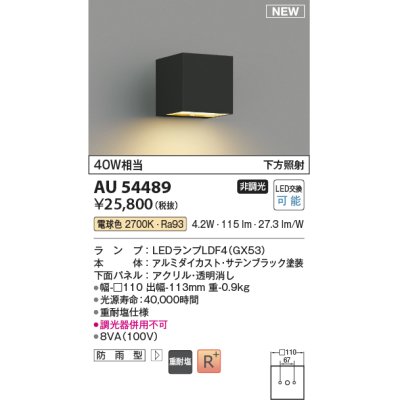 画像1: コイズミ照明 AU54489 ブラケット 非調光 LED 電球色 下方照射 防雨型 サテンブラック