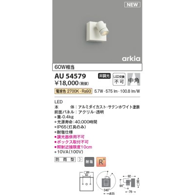 画像1: コイズミ照明 AU54579 スポットライト 非調光 LED一体型 電球色 中角 防雨型 サテンホワイト