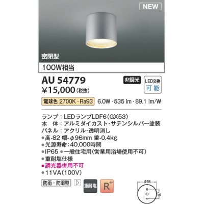 画像1: コイズミ照明 AU54779 シーリング 非調光 LED 電球色 密閉型 防雨・防湿型 サテンシルバー