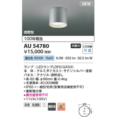 画像1: コイズミ照明 AU54780 シーリング 非調光 LED 昼白色 密閉型 防雨・防湿型 サテンシルバー