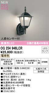 オーデリック OG254946LCR(ランプ別梱) エクステリア ポーチライト LEDランプ 電球色 高演色LED 人感センサー付 防雨型 黒色