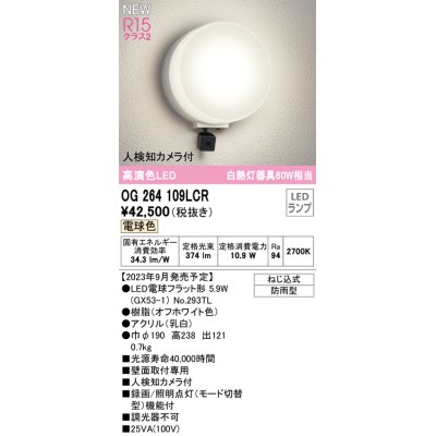 画像1: オーデリック OG264109LCR(ランプ別梱) エクステリア ポーチライト LEDランプ 電球色 高演色LED 人検知カメラ付 防雨型 オフホワイト