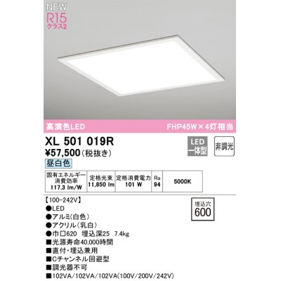 画像1: オーデリック XL501019R ベースライト 埋込穴□600 非調光 LED一体型 昼白色 直付・埋込兼用型 高演色LED ホワイト