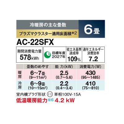 画像2: シャープ AC-22SFX エアコン 6畳 ルームエアコン FXシリーズ 単相100V 15A 冷暖房時6畳程度 ホワイト系♭