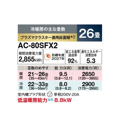 画像2: シャープ AC-80SFX2 エアコン 26畳 ルームエアコン FXシリーズ 単相200V 20A 冷暖房時26畳程度 ホワイト系♭