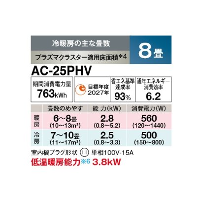 画像2: シャープ AC-25PHV エアコン 8畳 ルームエアコン HVシリーズ 単相100V 15A 冷暖房時8畳程度 ホワイト系