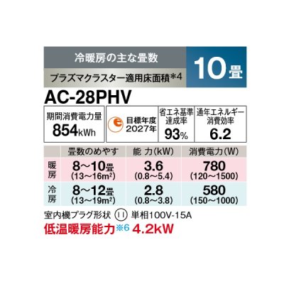 画像2: シャープ AC-28PHV エアコン 10畳 ルームエアコン HVシリーズ 単相100V 15A 冷暖房時10畳程度 ホワイト系