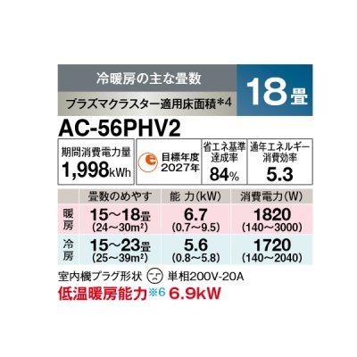 画像2: シャープ AC-56PHV2 エアコン 18畳 ルームエアコン HVシリーズ 単相200V 20A 冷暖房時18畳程度 ホワイト系