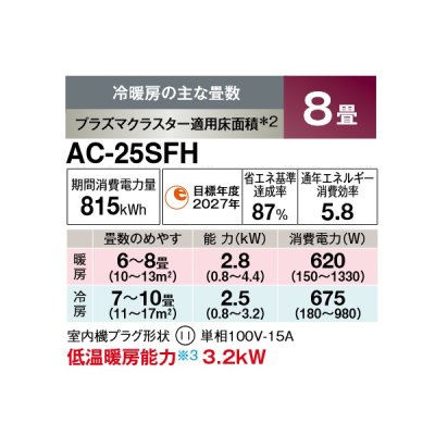 画像2: シャープ AC-25SFH エアコン 8畳 ルームエアコン FHシリーズ 単相100V 15A 冷暖房時8畳程度 ホワイト系♭