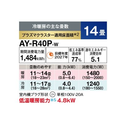 画像2: シャープ AY-R40P-W エアコン 14畳 ルームエアコン Pシリーズ 単相100V 20A 冷暖房時14畳程度 ホワイト系♭