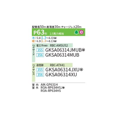 画像2: 日本キヤリア/旧東芝 GKSA06314JXU 業務用エアコン 壁掛形 スーパーパワーエコゴールド シングル P63 2.5馬力 単相200V ワイヤレス ♪