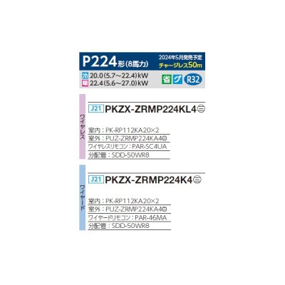 画像2: 三菱 PKZX-ZRMP224K4 業務用エアコン 壁掛 スリムZR 同時ツイン P224形 8馬力 三相 200V ワイヤード ♪∀