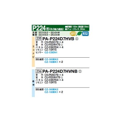 画像2: パナソニック [PA-P224D7HVB+分岐管] 業務用エアコン 高天井用1方向カセット形 XEPHY Eco エコナビ 同時ダブルツイン P224形 8馬力 三相200Ｖ ♪