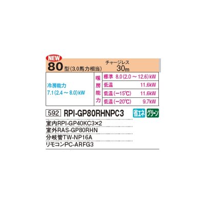 画像2: 日立 RPI-GP80RHNPC3 業務用エアコン てんうめ 同時ツイン 寒さ知らず 寒冷地用 80型 3.0馬力 三相 200V ♪