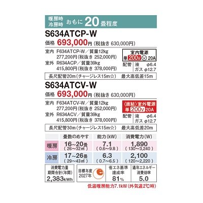 画像2: [在庫あり] ダイキン S634ATCP-W エアコン 20畳 ルームエアコン CXシリーズ 単相200V 20A 20畳程度 ホワイト (S633ATCP-W 後継品) ☆2