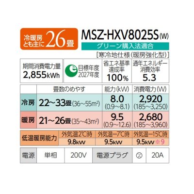 画像2: 三菱 MSZ-HXV8025S(W) エアコン 26畳 ルームエアコン HXVシリーズ ズバ暖 寒冷地 単相200Ｖ/20A 26畳程度 ピュアホワイト (MSZ-HXV8024S-Wの後継品) ♪