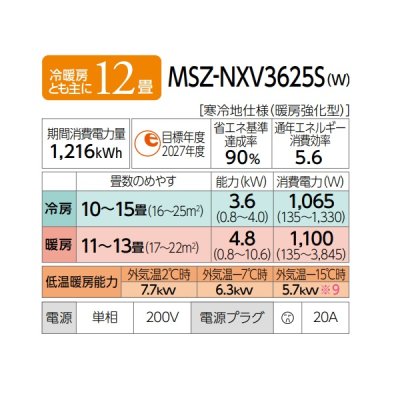 画像2: 三菱 MSZ-NXV3625S(W) エアコン 12畳 ルームエアコン NXVシリーズ ズバ暖 寒冷地 単相200Ｖ/20A 12畳程度 ピュアホワイト (MSZ-NXV3624S-Wの後継品) ♪