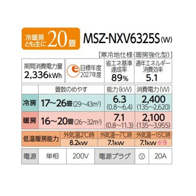 画像2: 三菱 MSZ-NXV6325S(W) エアコン 20畳 ルームエアコン NXVシリーズ ズバ暖 寒冷地 単相200Ｖ/20A 20畳程度 ピュアホワイト (MSZ-NXV6324S-Wの後継品) ♪