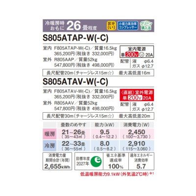 画像2: ダイキン S805ATAP-W エアコン 26畳 ルームエアコン AXシリーズ 単相200V 20A 26畳程度 ホワイト (S804ATAP-W 後継品) ♪