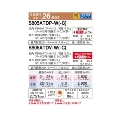 画像2: ダイキン S805ATDP-W エアコン 26畳 ルームエアコン DXシリーズ スゴ暖 単相200V 20A 26畳程度 ホワイト (S804ATDP-W 後継品) ♪