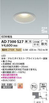 コイズミ照明　AD7300S27　ダウンライト 埋込穴φ100 調光 調光器別売 LED一体型 電球色 防雨・防湿型 高気密SB ブライトシルバー