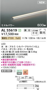 コイズミ照明 AL55619 間接照明 600mm 調光(調光器別売) 電球色 直付・壁付・床取付 ミドルパワー 単体・終端専用 シルバーアルマイト