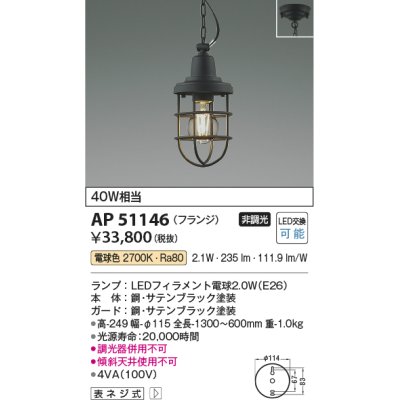 画像1: コイズミ照明　AP51146　ペンダントライト 非調光 LEDランプ 電球色 フランジタイプ ブラック