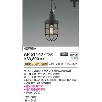 画像1: コイズミ照明　AP51147　ペンダントライト 非調光 LEDランプ 電球色 プラグタイプ ブラック