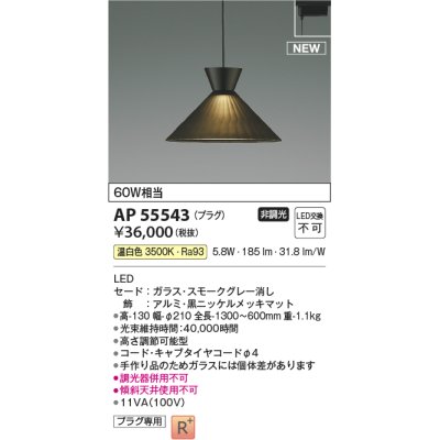 画像1: コイズミ照明 AP55543 ペンダントライト 非調光 温白色 プラグタイプ スモークグレー