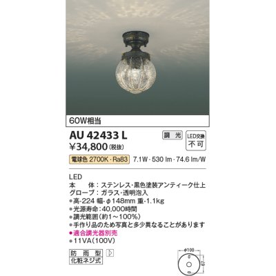 画像1: コイズミ照明　AU42433L　ポーチライト 天井 調光タイプ 白熱球60W相当 LED一体型 電球色 防雨型 アンティーク