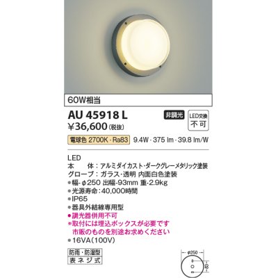 画像1: コイズミ照明　AU45918L　ポーチライト 壁 ブラケットライト LED一体型 電球色 防雨・防湿型 ダークグレーメタリック