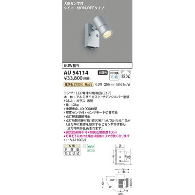 画像1: コイズミ照明　AU54114　アウトドアライト 非調光 LEDランプ 電球色 防雨型 人感センサ付 ON-OFFタイプ サテンシルバー