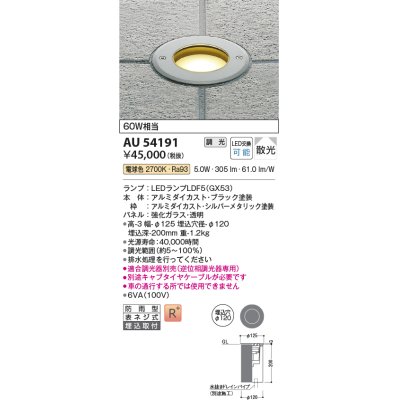 画像1: コイズミ照明　AU54191　アウトドアライト 埋込穴φ120 調光 調光器別売 LEDランプ 電球色 防雨型 埋込取付 シルバーメタリック