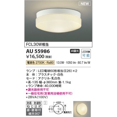 画像1: コイズミ照明 AU55986 アウトドアライト シーリング 非調光 電球色 直付・壁付取付 防雨・防湿型 ホワイト