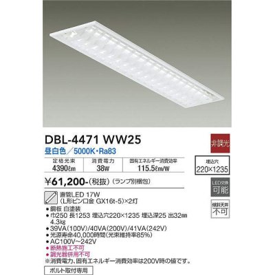 画像1: 大光電機(DAIKO)　DBL-4471WW25(ランプ別梱)　ベースライト 直管LED 非調光 昼白色 埋込タイプ 埋込穴□220×1235