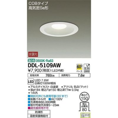 画像1: 大光電機(DAIKO)　DDL-5109AW　ダウンライト LED内蔵 温白色 非調光丸タイプ SB形 防滴形 白熱灯100W相当 φ150