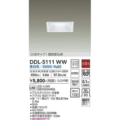 画像1: 大光電機(DAIKO)　DDL-5111WW　ダウンライト LED内蔵 非調光 昼白色 COBタイプ 高気密SB形 防雨形 埋込穴□100 ホワイト