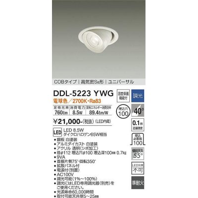 画像1: 大光電機(DAIKO)　DDL-5223YWG　ダウンライト LED内蔵 調光(調光器別売) 電球色 COBタイプ 高気密SB形 ユニバーサル 埋込穴φ100 ホワイト