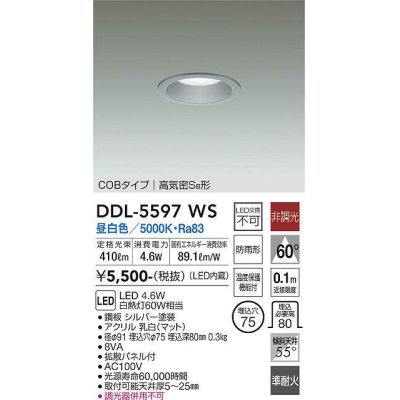 画像1: 大光電機(DAIKO) DDL-5597 WS ダウンライト 埋込穴φ75 非調光 LED 昼白色 COBタイプ 高気密SB形 防雨形 準耐火 シルバー