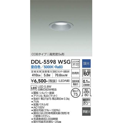 画像1: 大光電機(DAIKO) DDL-5598 WSG ダウンライト 埋込穴φ75 調光(調光器別売) LED 昼白色 COBタイプ 高気密SB形 防雨形 準耐火 シルバー