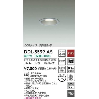 画像1: 大光電機(DAIKO) DDL-5599 AS ダウンライト 埋込穴φ75 非調光 LED 温白色 COBタイプ 高気密SB形 防雨形 準耐火 シルバー