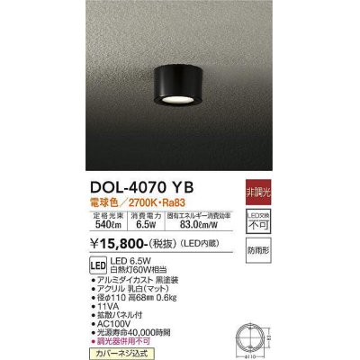 画像1: 大光電機(DAIKO)　DOL-4070YB　アウトドアライト 軒下シーリング LED内蔵 非調光 電球色 防雨形 ブラック