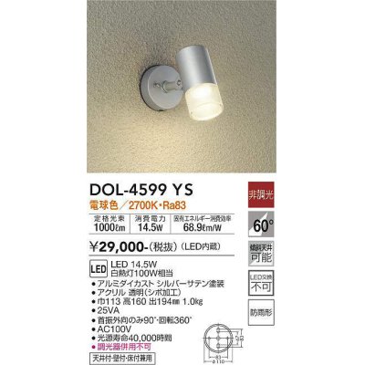 画像1: 大光電機(DAIKO)　DOL-4599YS　アウトドアライト スポットライト LED内蔵 非調光 電球色 防雨形 シルバー