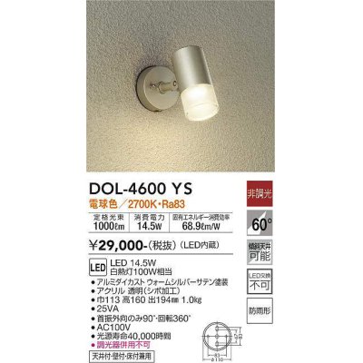 画像1: 大光電機(DAIKO)　DOL-4600YS　アウトドアライト スポットライト LED内蔵 非調光 電球色 防雨形 ウォームシルバー