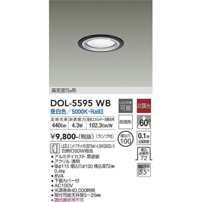 画像1: 大光電機(DAIKO) DOL-5595 WB アウトドアライト 軒下ダウンライト 埋込穴φ100 非調光 LED 昼白色 ランプ付 高気密SB形 防雨形 ブラック