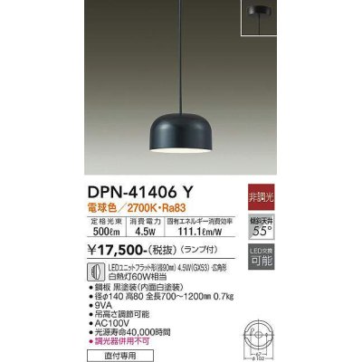 画像1: 大光電機(DAIKO)　DPN-41406Y　ペンダント 非調光 LED(ランプ付) 電球色 フランジタイプ 黒