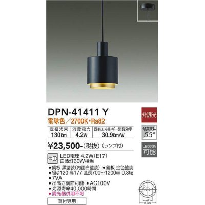 画像1: 大光電機(DAIKO)　DPN-41411Y　ペンダント 非調光 LED(ランプ付) 電球色 フランジタイプ 黒