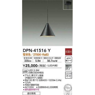 画像1: 大光電機(DAIKO)　DPN-41516Y　ペンダント 非調光 電球色 フランジタイプ 黒