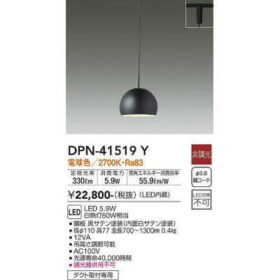 画像1: 大光電機(DAIKO)　DPN-41519Y　ペンダント 非調光 電球色 プラグタイプ 黒 [♭]