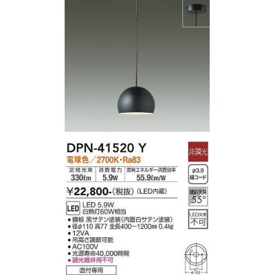 画像1: 大光電機(DAIKO)　DPN-41520Y　ペンダント 非調光 電球色 フランジタイプ 黒